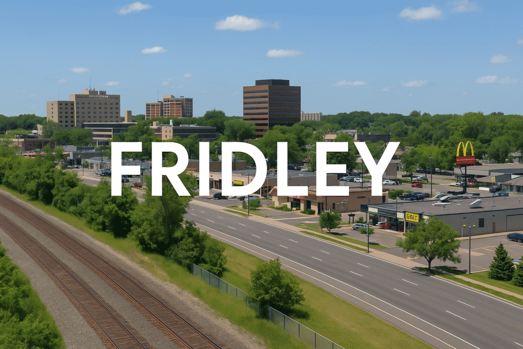 Fridley, Minnesota skyline near Unity Hospital with nearby businesses and highlighting 1 on 1 Comprehensive Healthcare Solution’s Spring Lake Park assisted living home just minutes away