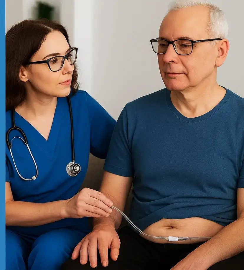 Nurse providing G-tube care and support for an older male patient in Minnesota, demonstrating skilled enteral feeding assistance.