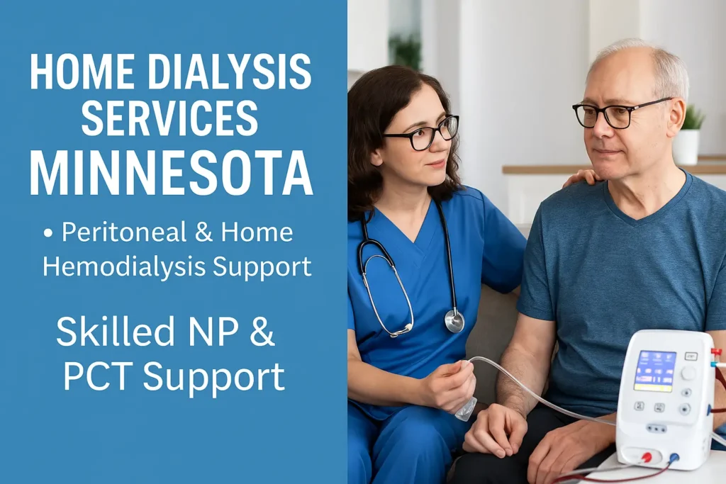 Nurse Practitioner supporting an older male patient during home dialysis treatment in Minnesota with portable dialysis equipment. 1 on 1 Comprehensive Healthcare Minnesota