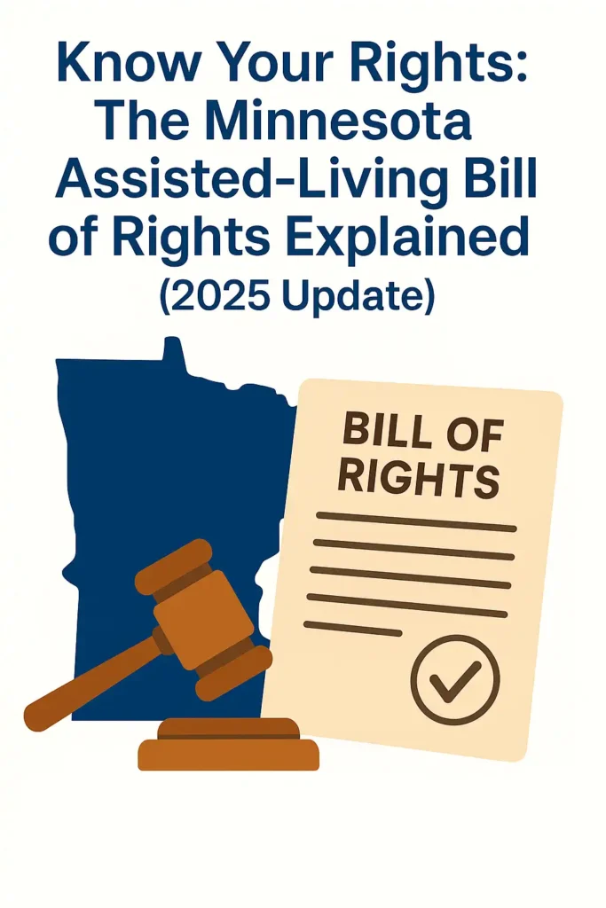 Know Your Rights: Minnesota Assisted-Living Bill of Rights 2025 Update infographic with state outline, gavel, and bill of rights document.