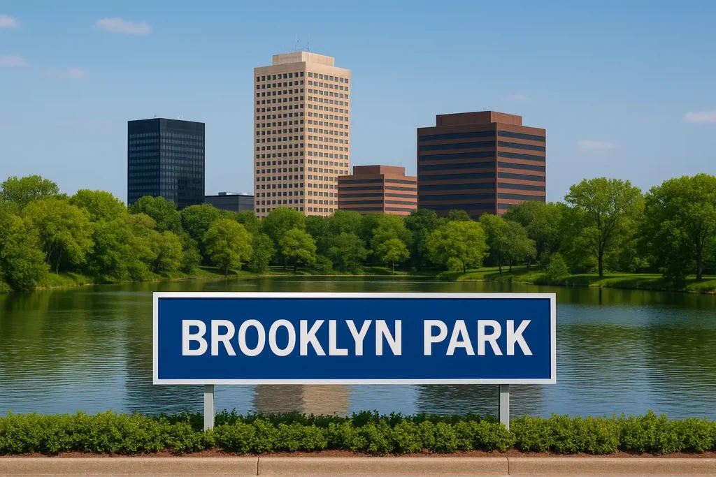 Brooklyn Park Minnesota city view with modern skyline and lake, representing assisted living and home healthcare services by 1 on 1 Comprehensive Healthcare Solution