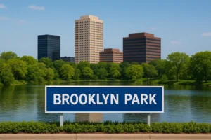 Brooklyn Park Minnesota city view with modern skyline and lake, representing assisted living and home healthcare services by 1 on 1 Comprehensive Healthcare Solution