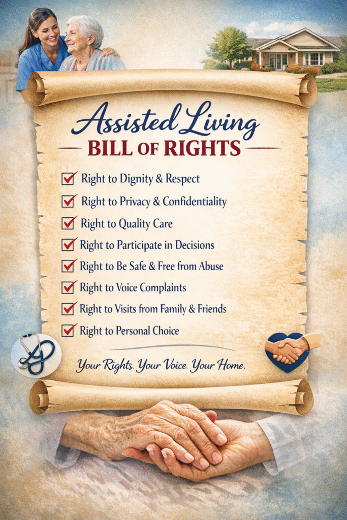 Assisted Living Bill of Rights, Minnesota highlighting dignity, privacy, quality care, safety, and resident choice in a compassionate assisted living home.