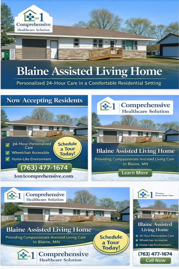 Exterior view of Blaine Assisted Living Home operated by 1 on 1 Comprehensive Healthcare Solution in Minnesota, featuring wheelchair-accessible ramp and single-level residential setting.