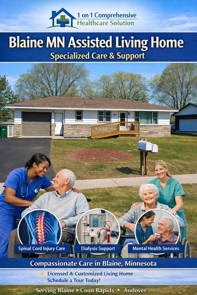 Blaine MN nursing home, 1 on 1 Comprehensive Healthcare Solution offering specialized assisted living, spinal cord injury care, dialysis support, and mental health services.