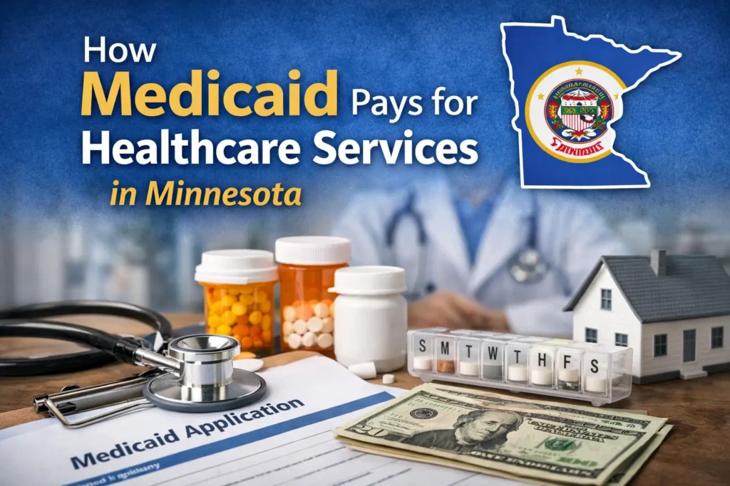 Medicaid payment for healthcare services in Minnesota with medical supplies and assisted living care concept