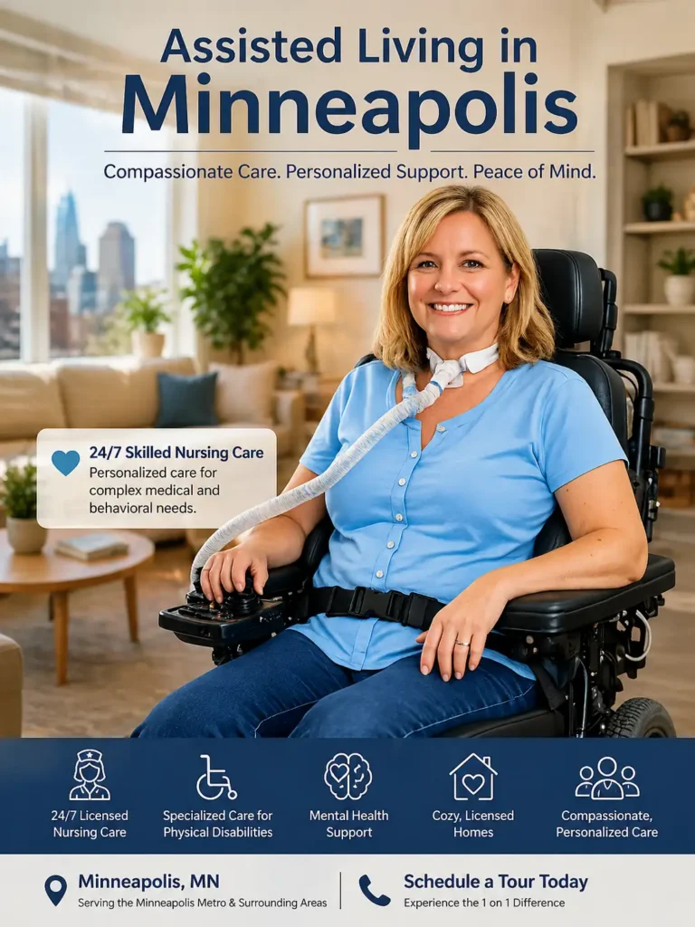 Assisted living in Minneapolis MN with wheelchair patient receiving personalized skilled nursing care in a modern home setting