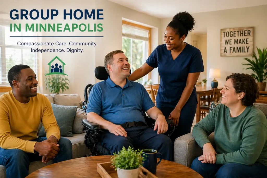Group home in Minneapolis MN with residents and caregiver providing supportive, community-based assisted living care