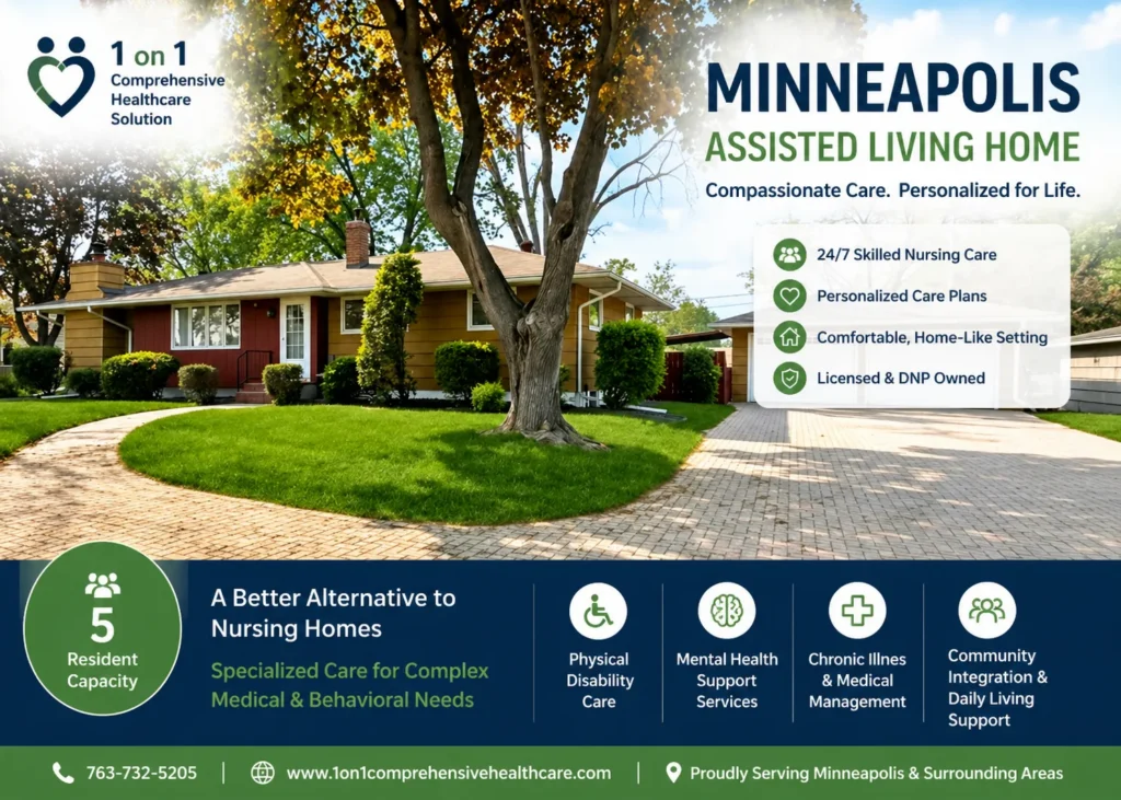 Minneapolis assisted living home by 1 on 1 Comprehensive Healthcare Solution with 24-7 skilled nursing care and personalized support