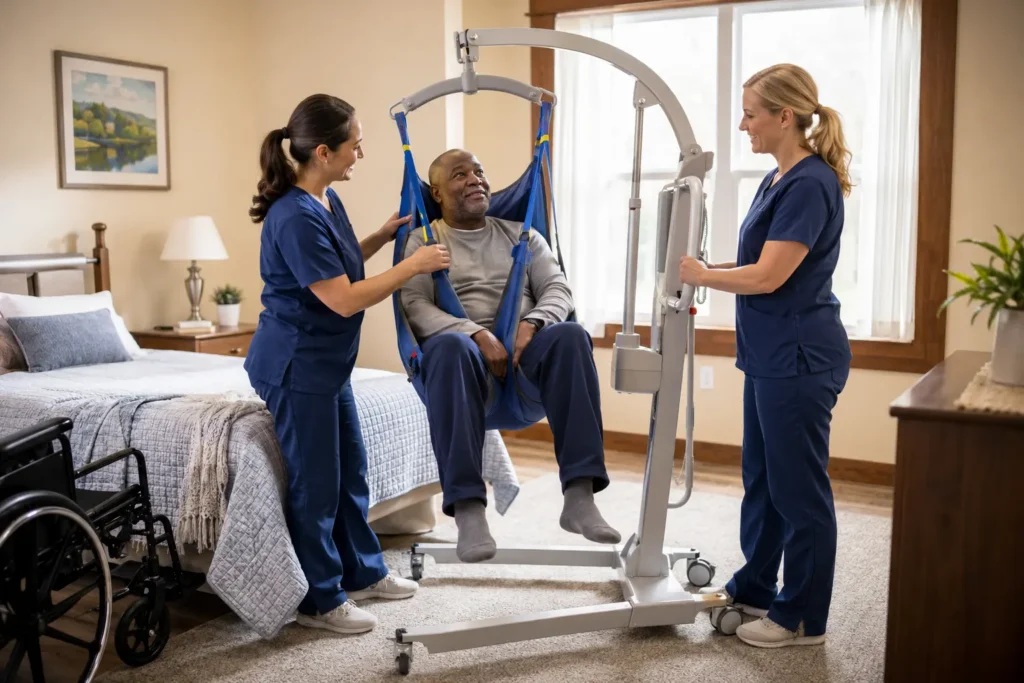Two caregivers safely assisting a resident with a Hoyer lift in a small Minnesota assisted living home.
