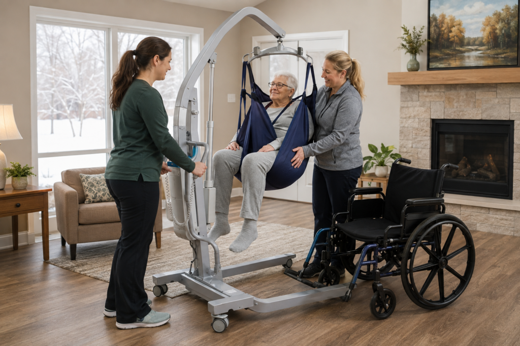 caregiver assisting resident with Hoyer lift in Minnesota group home